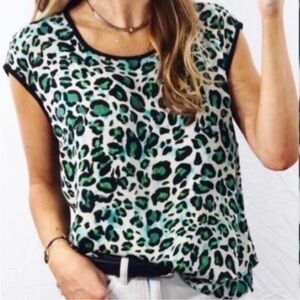 CAbi Green and Black Leopard Print Blouse